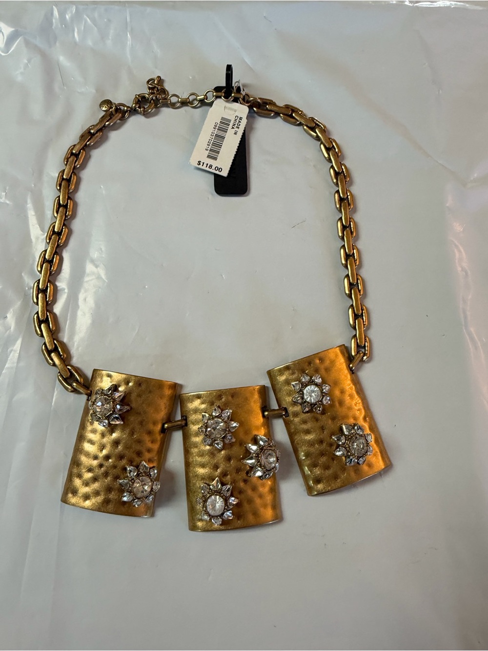 J. Crew Gold Hammered Panel Necklace with Crystal Flower Accents